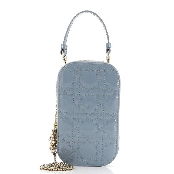 Christian Dior Lady Dior Phone Holder on Chain Cannage Quilt Patent Blue